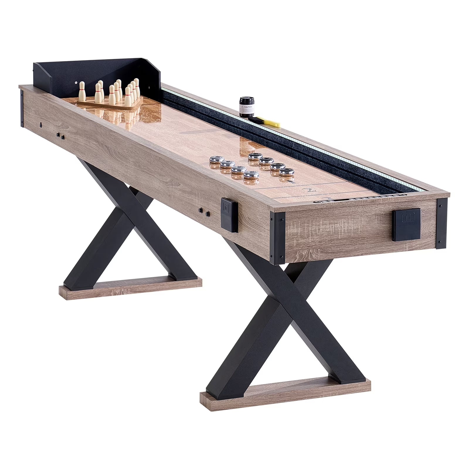Shuffleboard and Bowling Table, 9 Ft with LED Illumination for Home Entertainment, Dual-Use Game Set, Durable Surface, Sturdy Legs, Includes 8 Pucks, Bowling Pins, Wax, and Brush