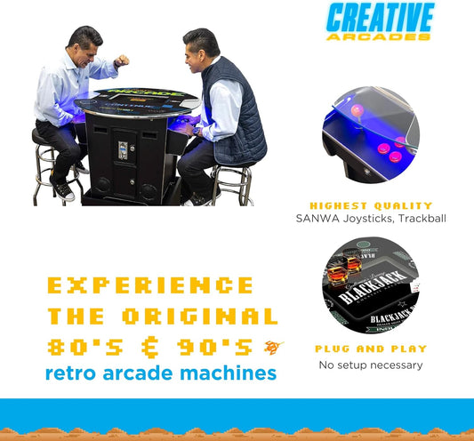 Arcades Full Size Commercial Cocktail Machine | 2 Player | 60 Games | 22" LCD Screen | round Glass Top | 2 Sanwa Joysticks | 2 Stools Included | 3 Year Warranty
