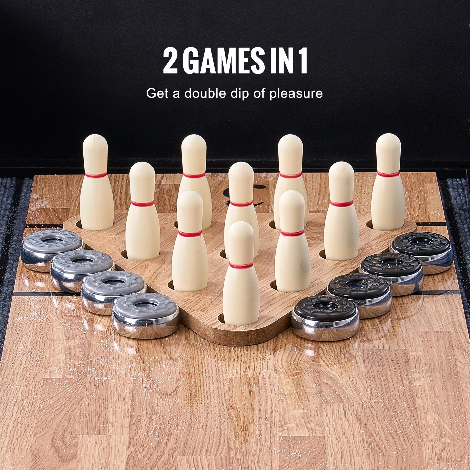 Shuffleboard and Bowling Table, 9 Ft with LED Illumination for Home Entertainment, Dual-Use Game Set, Durable Surface, Sturdy Legs, Includes 8 Pucks, Bowling Pins, Wax, and Brush