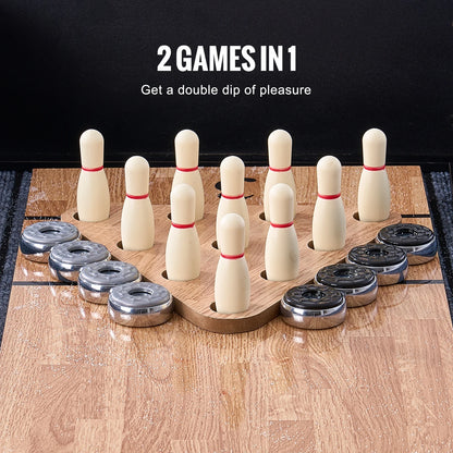 Shuffleboard and Bowling Table, 9 Ft with LED Illumination for Home Entertainment, Dual-Use Game Set, Durable Surface, Sturdy Legs, Includes 8 Pucks, Bowling Pins, Wax, and Brush