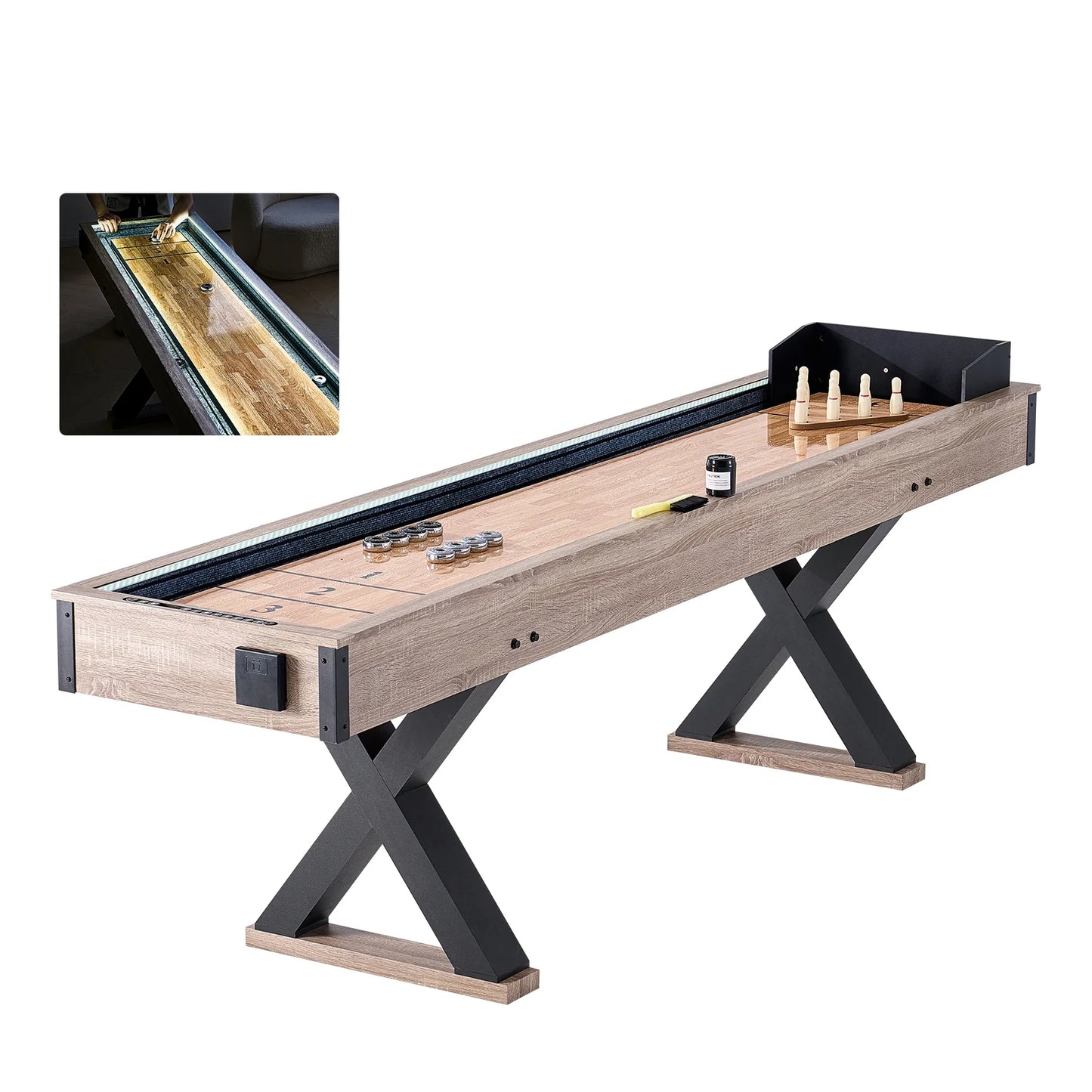 Shuffleboard and Bowling Table, 9 Ft with LED Illumination for Home Entertainment, Dual-Use Game Set, Durable Surface, Sturdy Legs, Includes 8 Pucks, Bowling Pins, Wax, and Brush