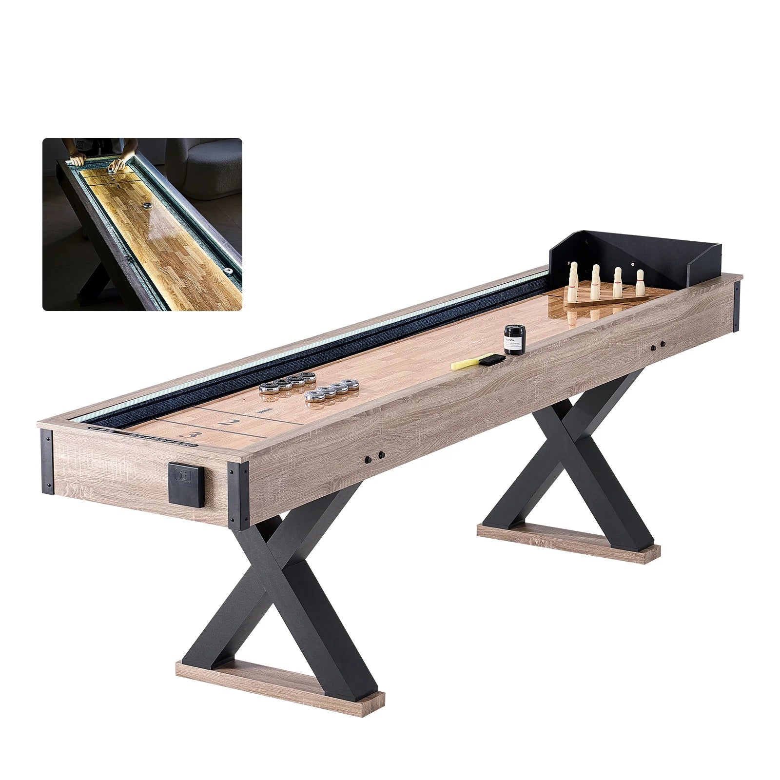 Shuffleboard and Bowling Table, 9 Ft with LED Illumination for Home Entertainment, Dual-Use Game Set, Durable Surface, Sturdy Legs, Includes 8 Pucks, Bowling Pins, Wax, and Brush