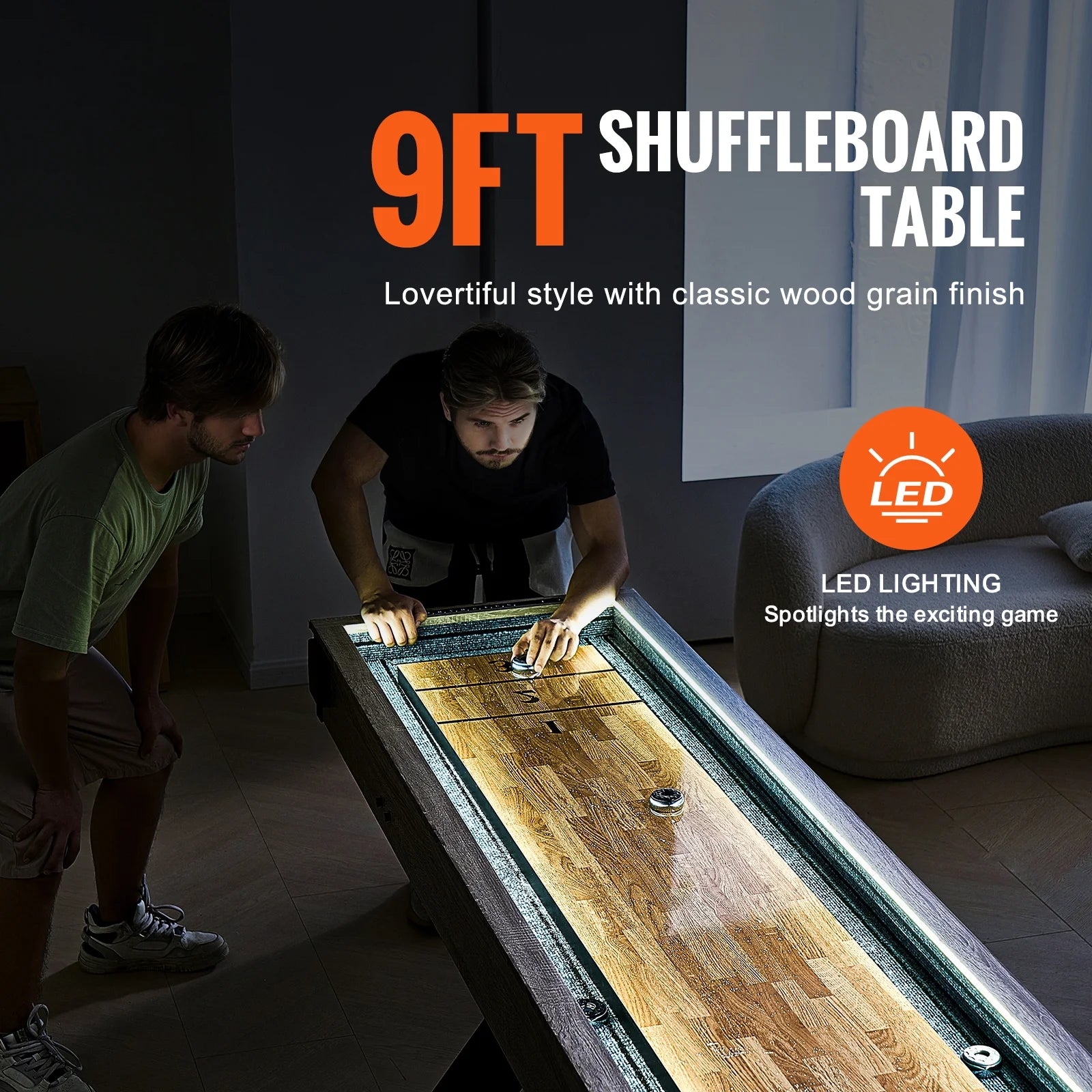 Shuffleboard and Bowling Table, 9 Ft with LED Illumination for Home Entertainment, Dual-Use Game Set, Durable Surface, Sturdy Legs, Includes 8 Pucks, Bowling Pins, Wax, and Brush