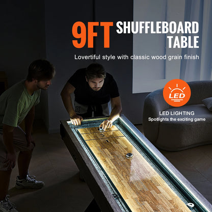 Shuffleboard and Bowling Table, 9 Ft with LED Illumination for Home Entertainment, Dual-Use Game Set, Durable Surface, Sturdy Legs, Includes 8 Pucks, Bowling Pins, Wax, and Brush