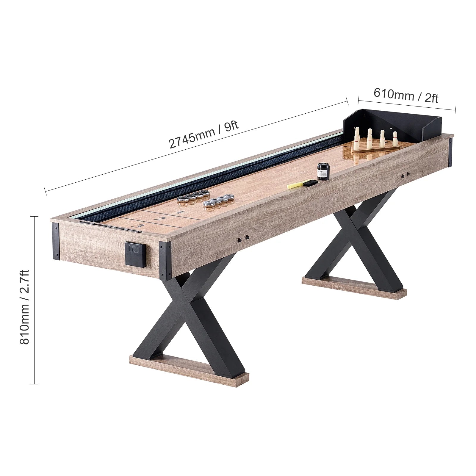 Shuffleboard and Bowling Table, 9 Ft with LED Illumination for Home Entertainment, Dual-Use Game Set, Durable Surface, Sturdy Legs, Includes 8 Pucks, Bowling Pins, Wax, and Brush