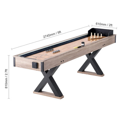 Shuffleboard and Bowling Table, 9 Ft with LED Illumination for Home Entertainment, Dual-Use Game Set, Durable Surface, Sturdy Legs, Includes 8 Pucks, Bowling Pins, Wax, and Brush