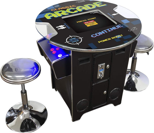 Arcades Full Size Commercial Cocktail Machine | 2 Player | 60 Games | 22" LCD Screen | round Glass Top | 2 Sanwa Joysticks | 2 Stools Included | 3 Year Warranty