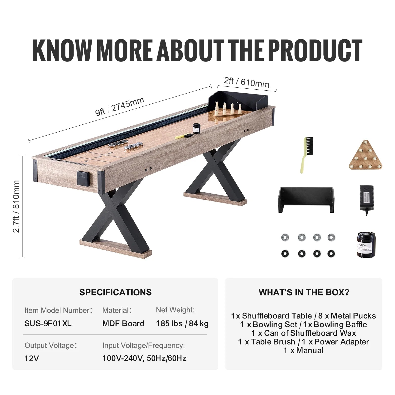 Shuffleboard and Bowling Table, 9 Ft with LED Illumination for Home Entertainment, Dual-Use Game Set, Durable Surface, Sturdy Legs, Includes 8 Pucks, Bowling Pins, Wax, and Brush