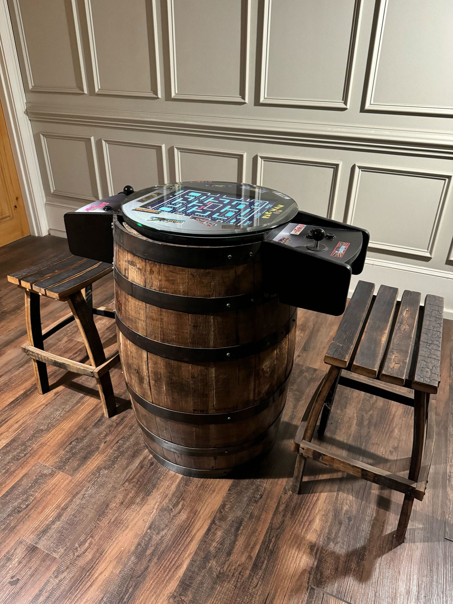 Bourbon Barrel Arcade Table - 60 Retro 8-bit Games Included