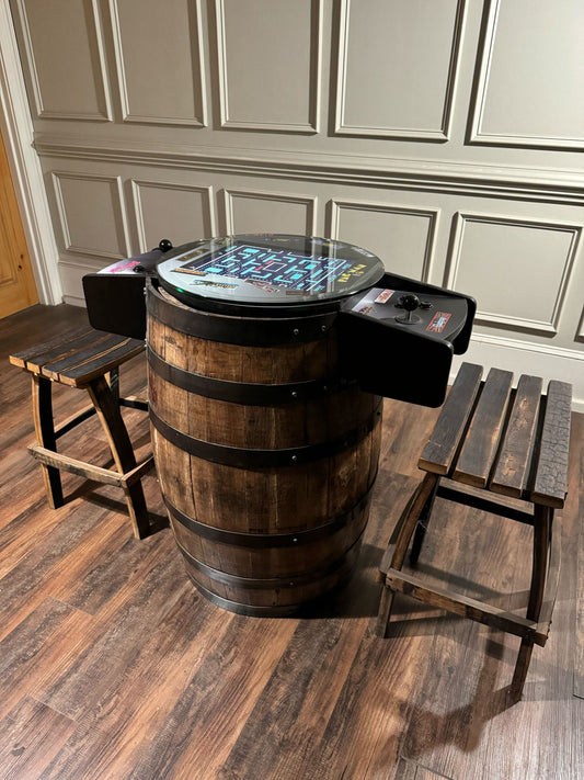 Bourbon Barrel Arcade Table - 60 Retro 8-bit Games Included